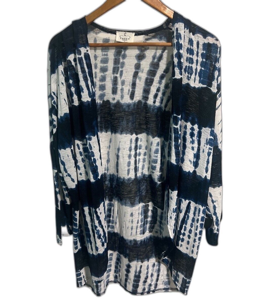 Ember Cardigan Women’s Large Long Tunic 3/4 Sleeve Blue White Tie-Dye Boho Top